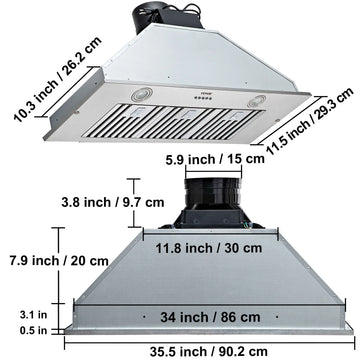Built-In Range Hood 800/900CFM 3/4-Speed 30/36 Inch Stainless Steel with LED Lights Baffle Filters Ducted Convertible ETL