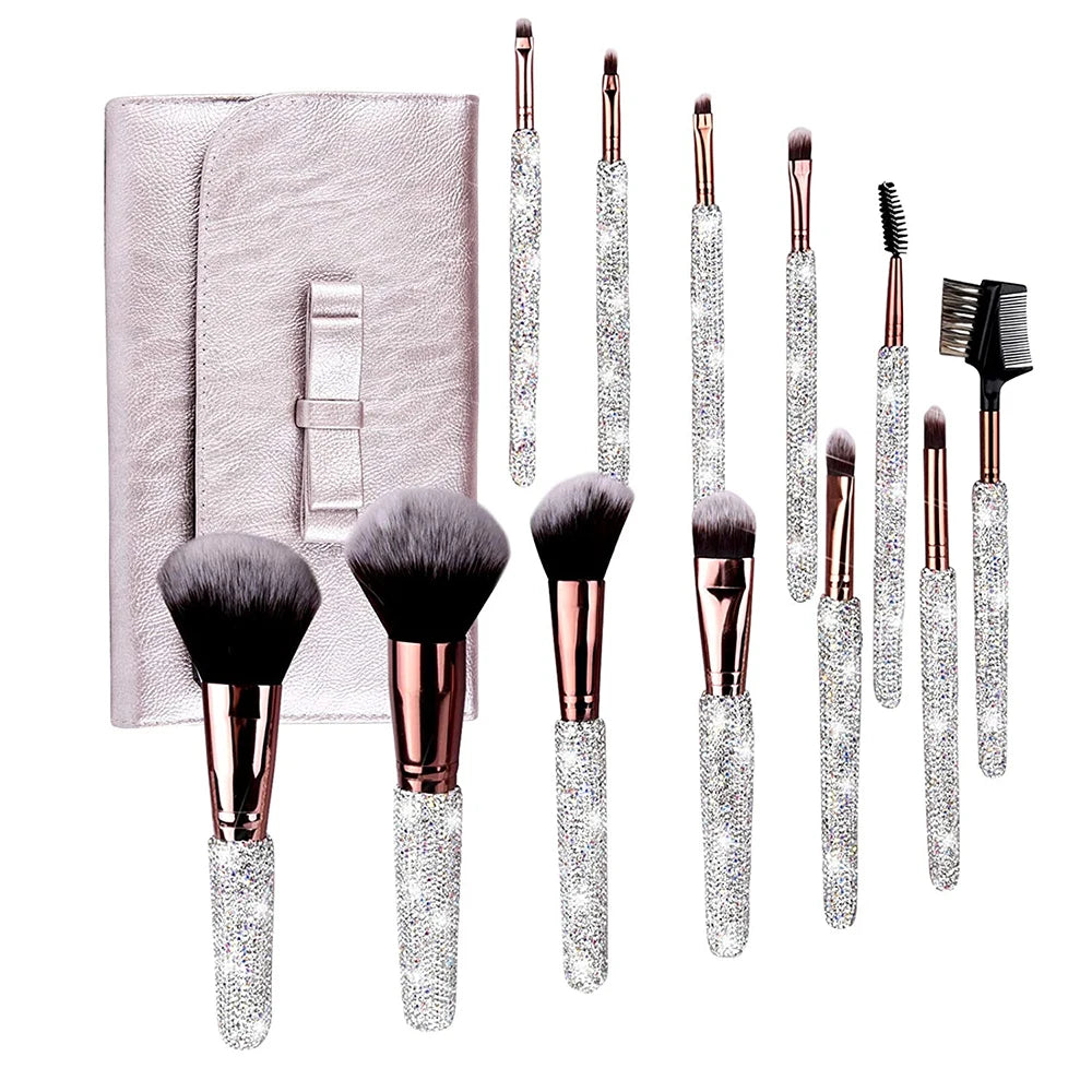 12 Piece Makeup Brushes Set with Rhinestones Glitter Synthetic Professional Face Cosmetics Foundation Powder Concealer Brush Set