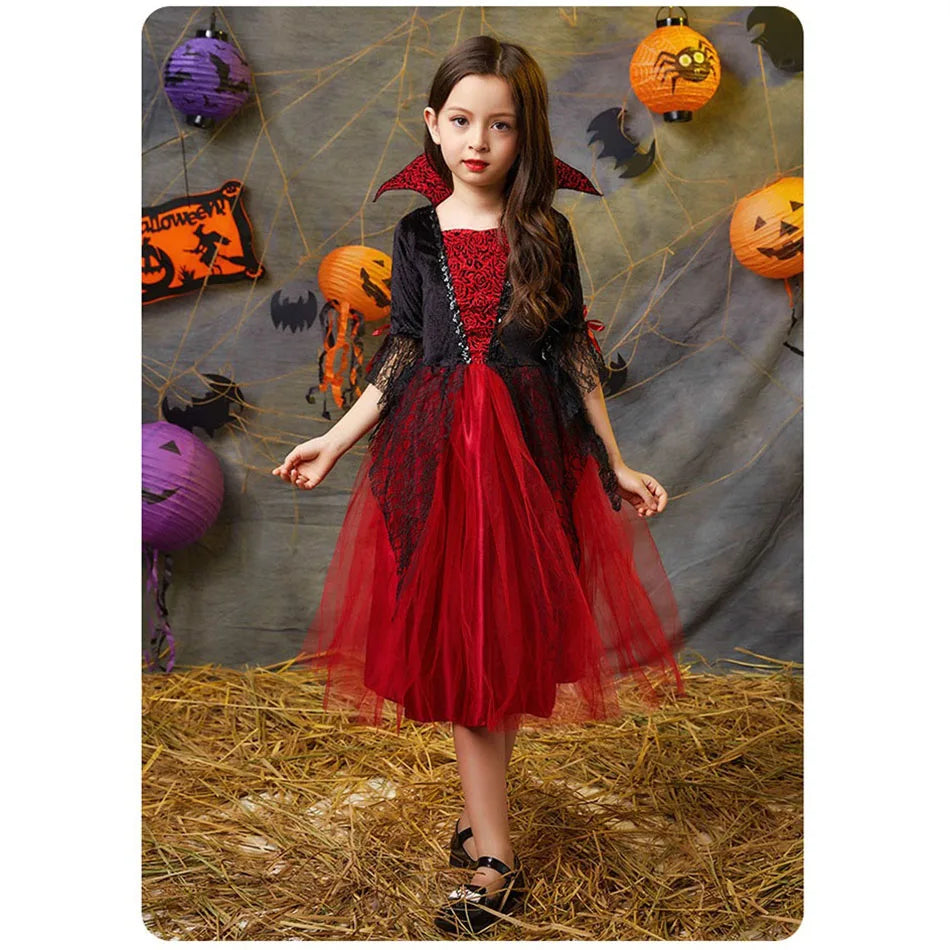 Vampire Costume for Girls Halloween Princess Party Dress Kids Cosplay Dresses Children Stand Collar Tulle Lace Black Red Clothes