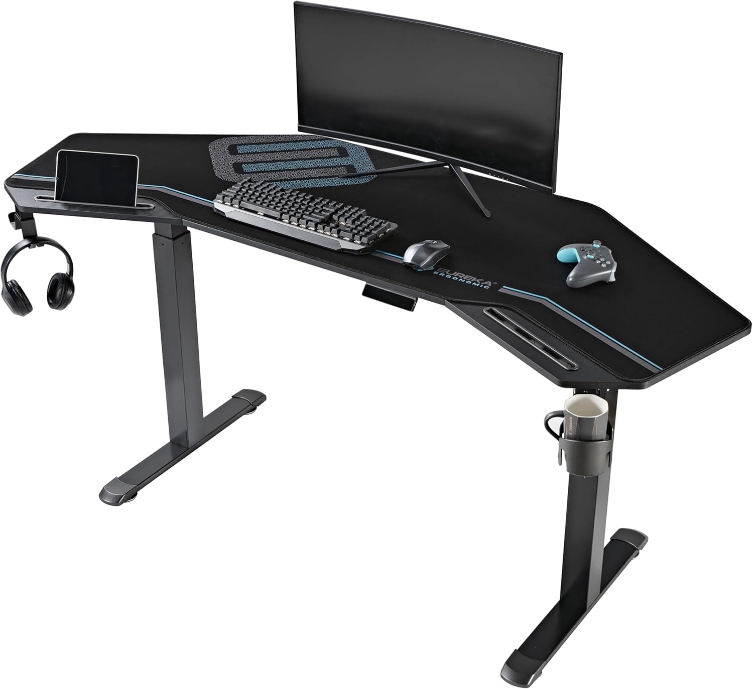 Gaming Desk, Standing Desk Keyboard Tray, 72" Wing Shaped Music Studio Desk Electric Adjustable Height Desk Sit Stand Desk with LED Shelves, Gaming Recording Live Stream, Slot Design
