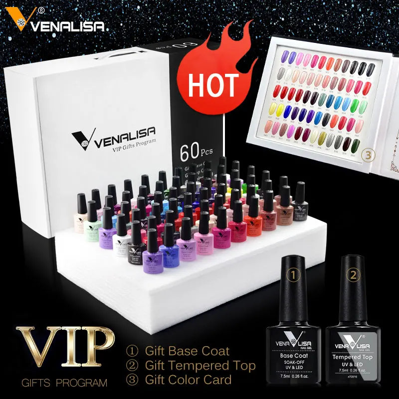 VIP Kit Great Coverage Soak off UV LED Nail Gel Polish Set Base Long Wear Top Coat Color Palette 60 Colors 7.5Ml