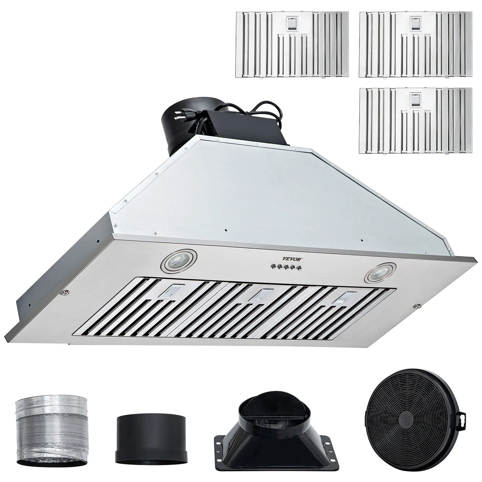 Built-In Range Hood 800/900CFM 3/4-Speed 30/36 Inch Stainless Steel with LED Lights Baffle Filters Ducted Convertible ETL