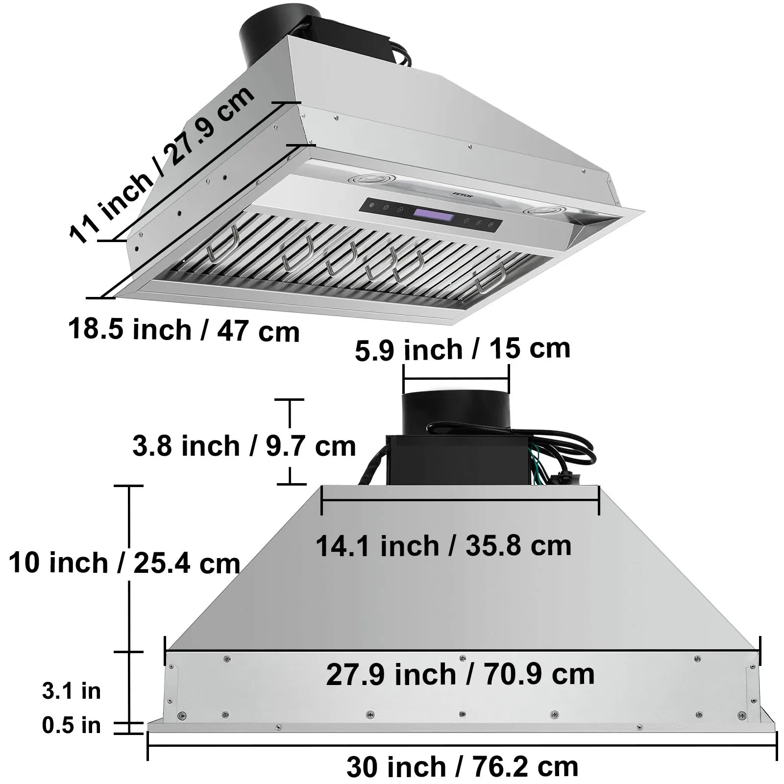 Built-In Range Hood 800/900CFM 3/4-Speed 30/36 Inch Stainless Steel with LED Lights Baffle Filters Ducted Convertible ETL