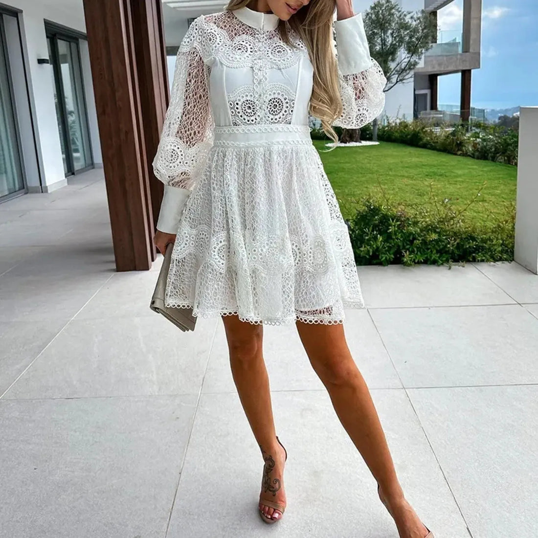 Women 2024 Elegant Solid Embroidered Lace Party Dress Summer Fashion Long Sleeve A-Line Dress Ladies Casual O-Neck Button Dress