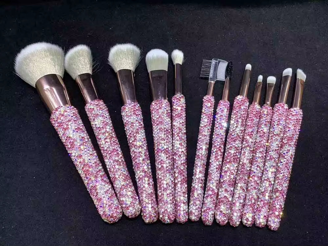 12 Piece Makeup Brushes Set with Rhinestones Glitter Synthetic Professional Face Cosmetics Foundation Powder Concealer Brush Set