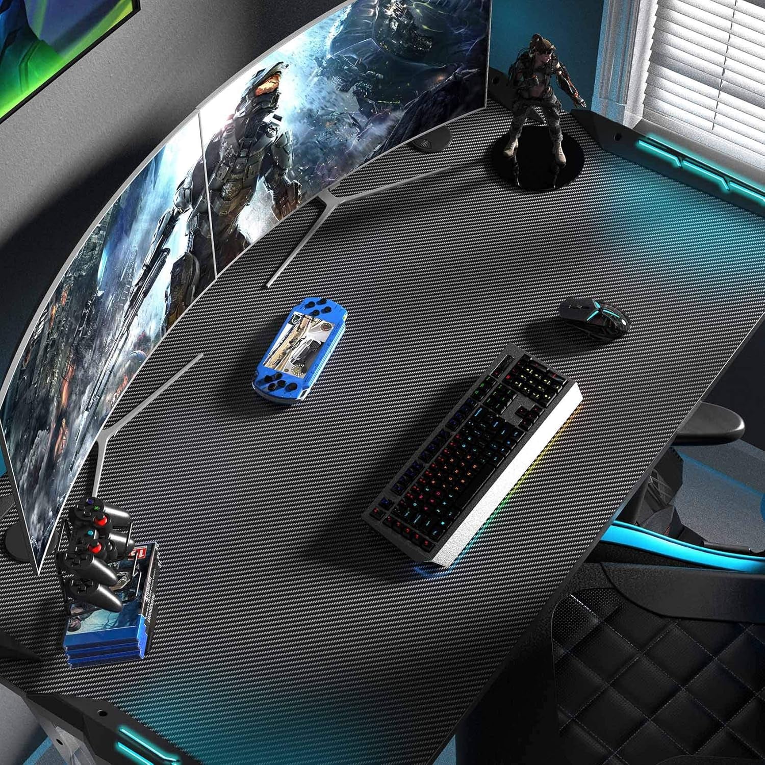 Z1-S Pro Gaming Desk 44.5" - Stylish Z-Shaped PC Desk with LED Lights, Controller Stand, Cup Holder, Headphone Hook & Free Mousepad - Perfect Gift for Gamers!