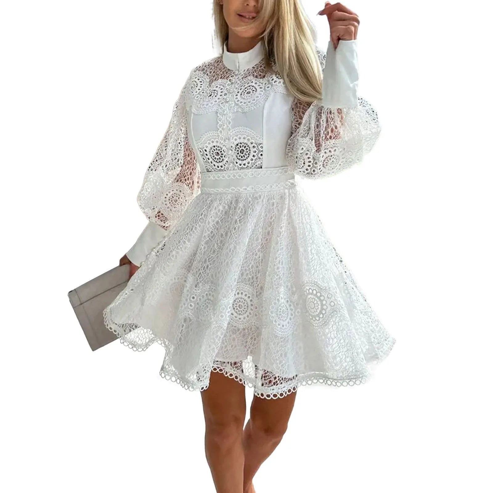 Women 2024 Elegant Solid Embroidered Lace Party Dress Summer Fashion Long Sleeve A-Line Dress Ladies Casual O-Neck Button Dress