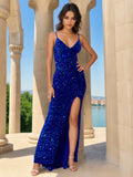 Red Sequin V Neck Slit Long Mermaid Wedding Party Dress Spaghetti Strap Velvet Stretch Evening Gown Cocktail Prom Dress