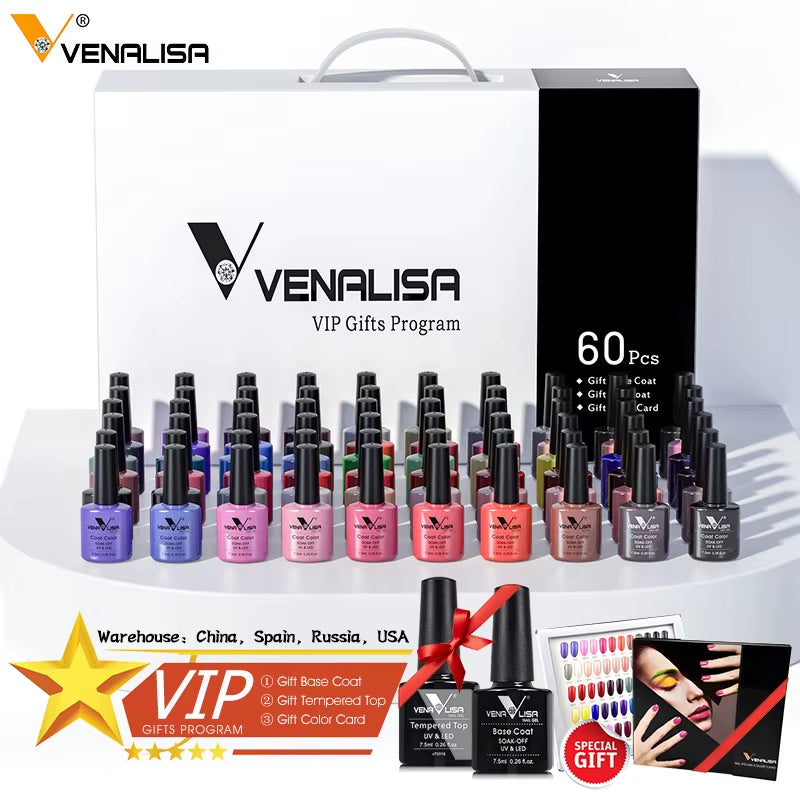 VIP Kit Great Coverage Soak off UV LED Nail Gel Polish Set Base Long Wear Top Coat Color Palette 60 Colors 7.5Ml