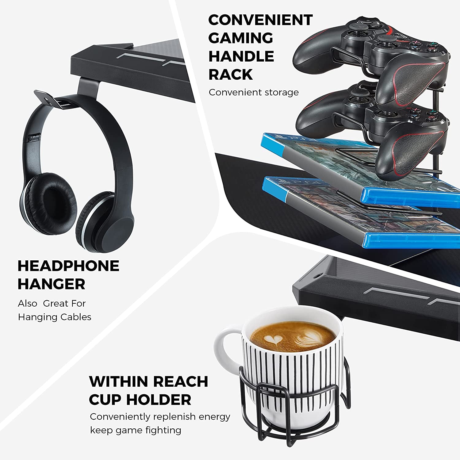 Z1-S Pro Gaming Desk 44.5" - Stylish Z-Shaped PC Desk with LED Lights, Controller Stand, Cup Holder, Headphone Hook & Free Mousepad - Perfect Gift for Gamers!