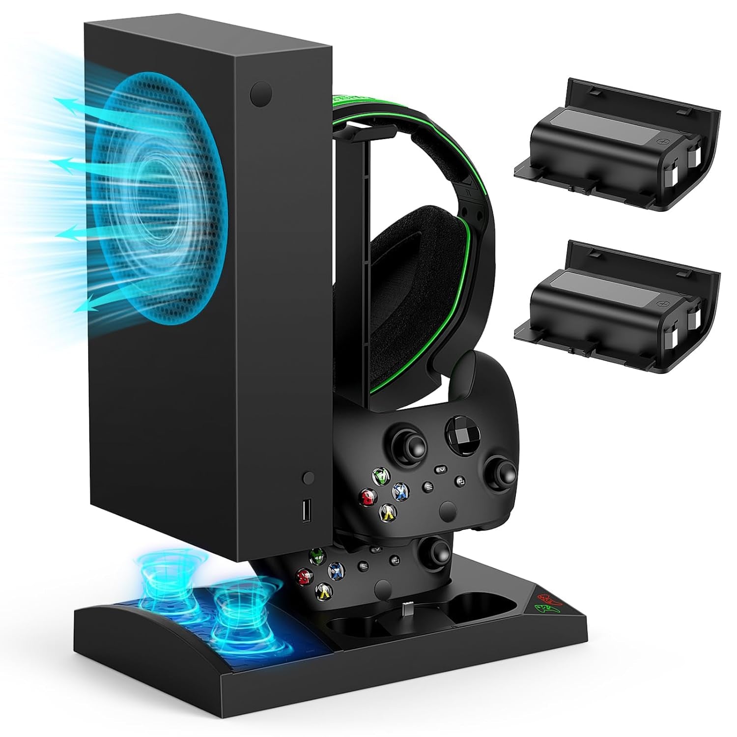 Charger Stand Cooling Fan for Xbox Series S Console & Controller,Vertical Dual Cooler System Charging Dock Accessories with 2 X 1400Mah Rechargeable Battery & Cover,Earphone Bracket for Xbox Series S