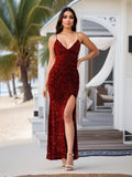 Red Sequin V Neck Slit Long Mermaid Wedding Party Dress Spaghetti Strap Velvet Stretch Evening Gown Cocktail Prom Dress