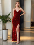 Red Sequin V Neck Slit Long Mermaid Wedding Party Dress Spaghetti Strap Velvet Stretch Evening Gown Cocktail Prom Dress