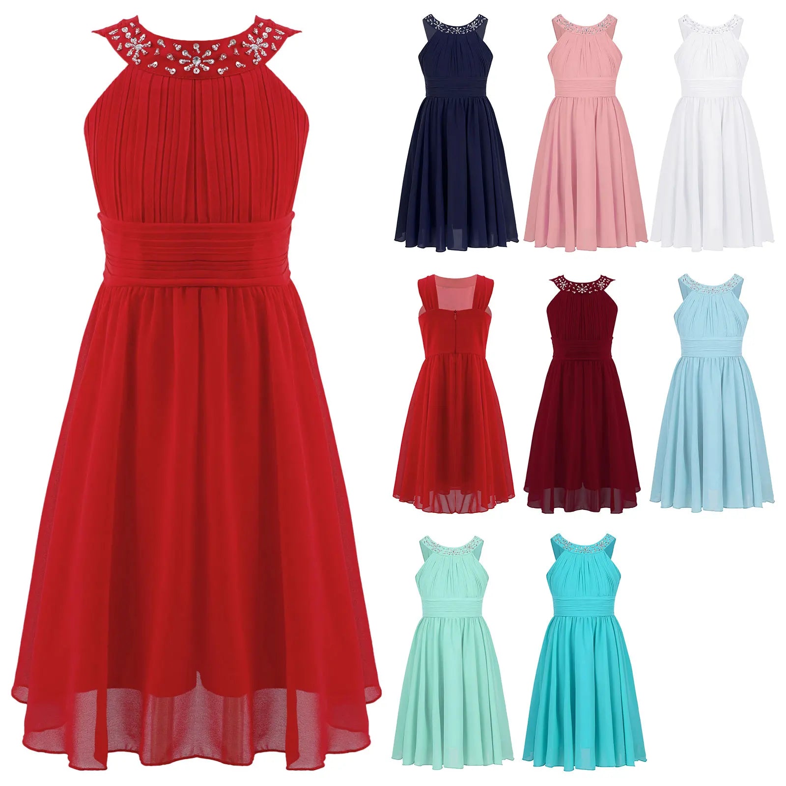 Kids Girls Children Teenager Wedding Princess Dress Elegant Party Pageant Formal Flower Shaped Rhinestone Chiffon Dress