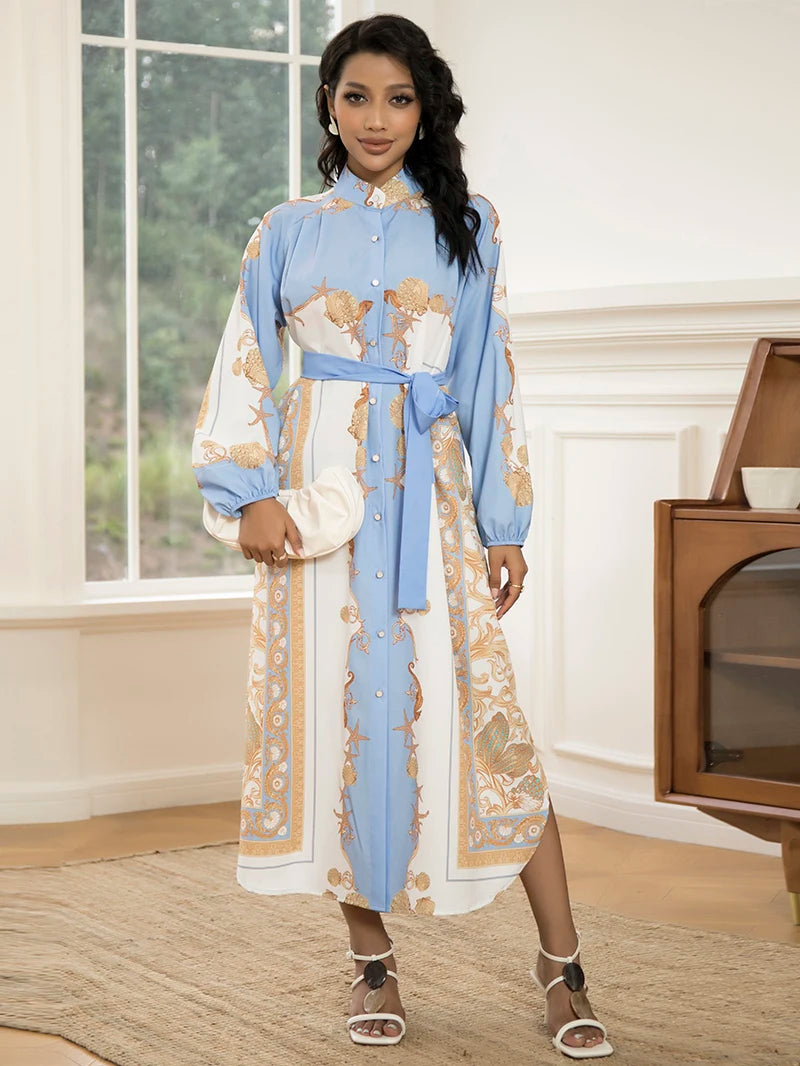 Elegant Women'S Long-Sleeve Dress with Belt - Chic Geometric Print, High-Quality Polyester, Perfect for All Seasons