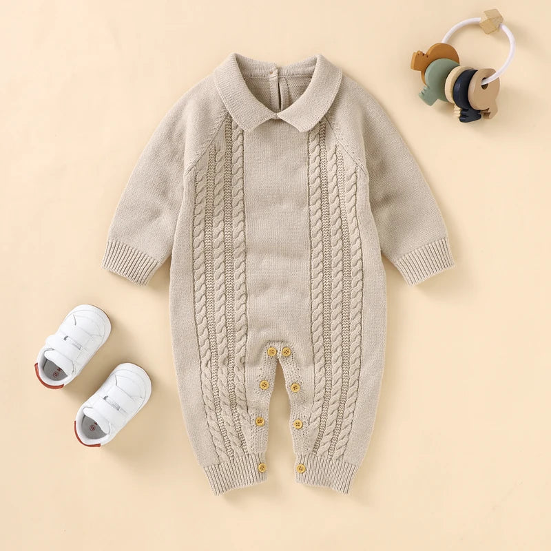 Baby Romper Cotton Knitted Playsuit Newborn Boys Girls Jumpsuit Fashion Turn-Down Collar Infant Kids Clothing Long Sleeve Autumn