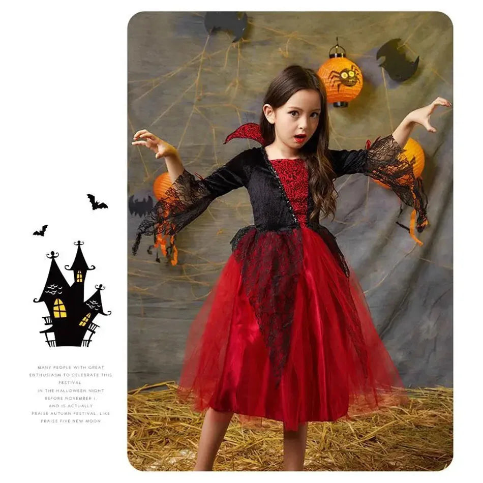 Vampire Costume for Girls Halloween Princess Party Dress Kids Cosplay Dresses Children Stand Collar Tulle Lace Black Red Clothes