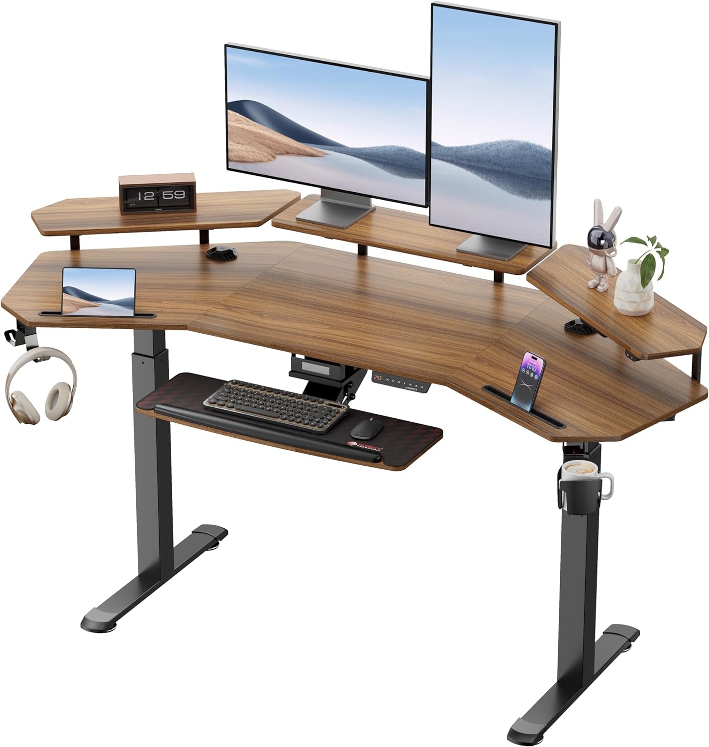 Gaming Desk, Standing Desk Keyboard Tray, 72" Wing Shaped Music Studio Desk Electric Adjustable Height Desk Sit Stand Desk with LED Shelves, Gaming Recording Live Stream, Slot Design
