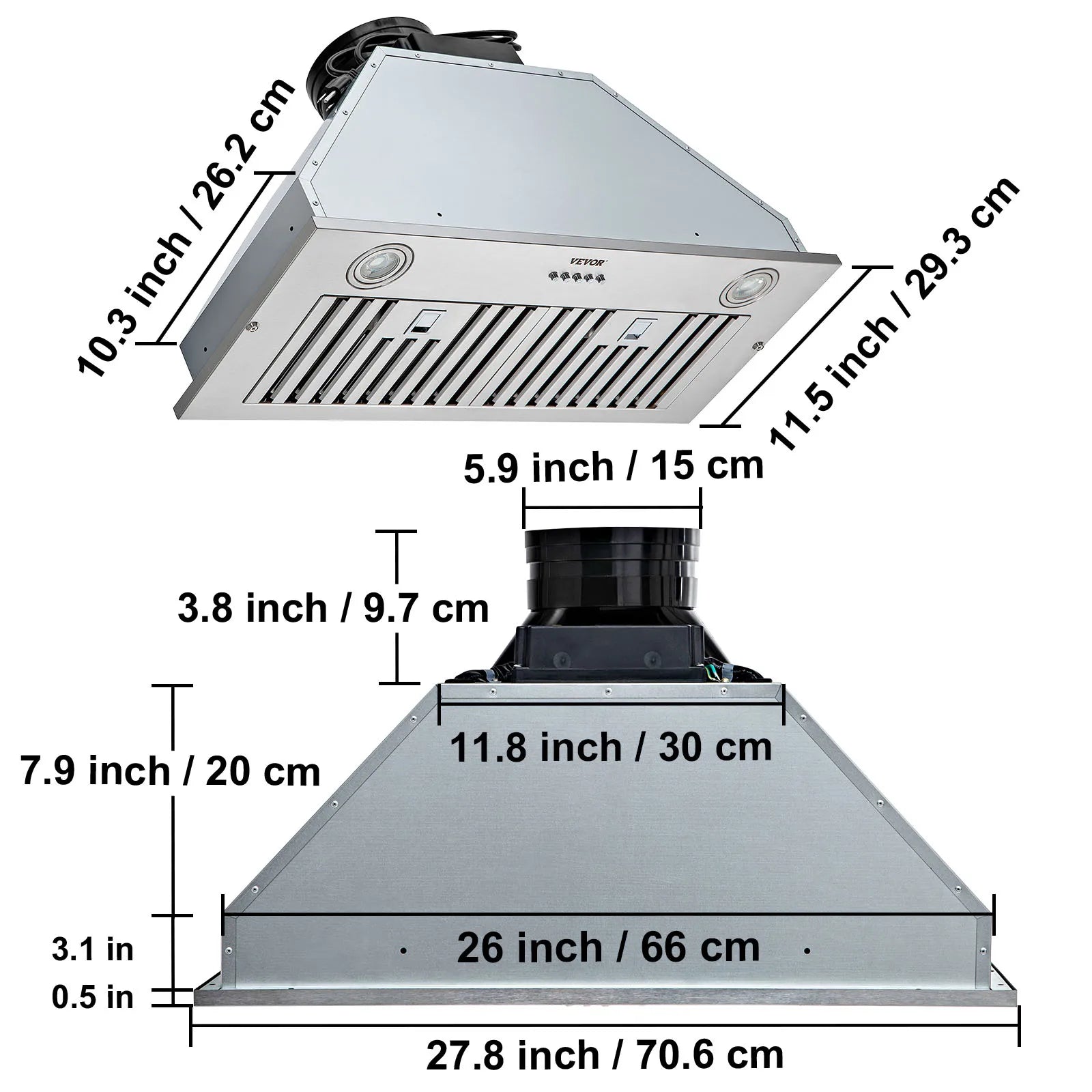 Built-In Range Hood 800/900CFM 3/4-Speed 30/36 Inch Stainless Steel with LED Lights Baffle Filters Ducted Convertible ETL
