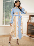 Elegant Women'S Long-Sleeve Dress with Belt - Chic Geometric Print, High-Quality Polyester, Perfect for All Seasons