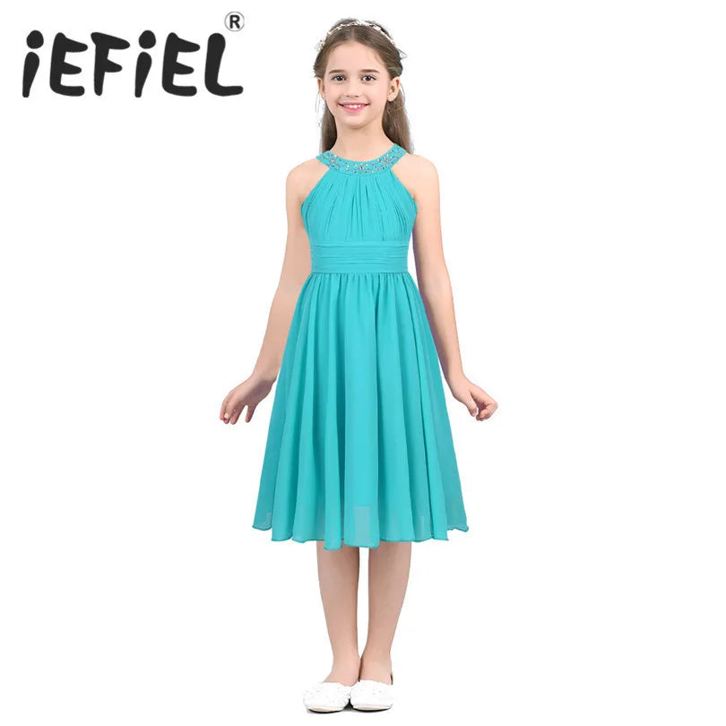 Kids Girls Children Teenager Wedding Princess Dress Elegant Party Pageant Formal Flower Shaped Rhinestone Chiffon Dress