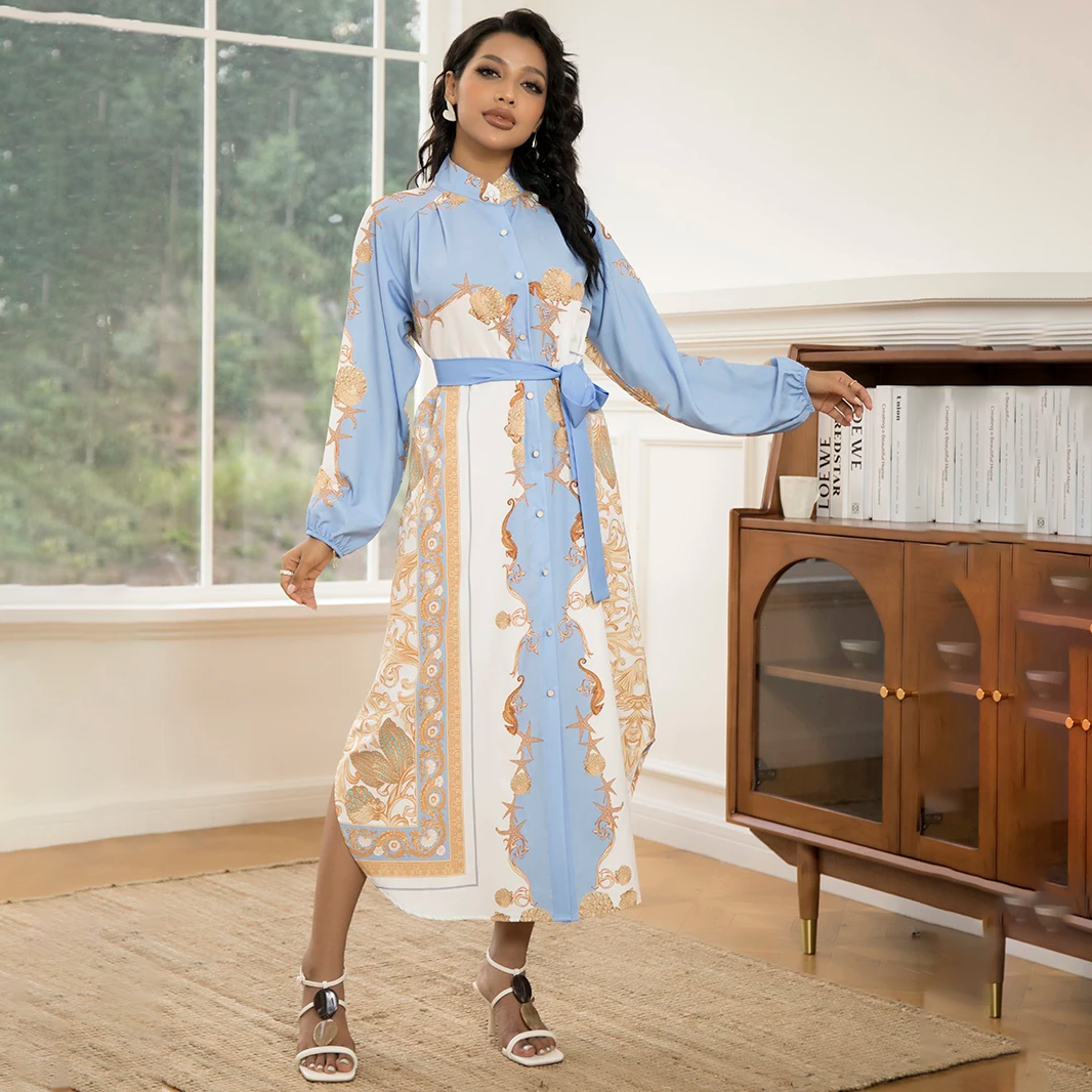 Elegant Women'S Long-Sleeve Dress with Belt - Chic Geometric Print, High-Quality Polyester, Perfect for All Seasons