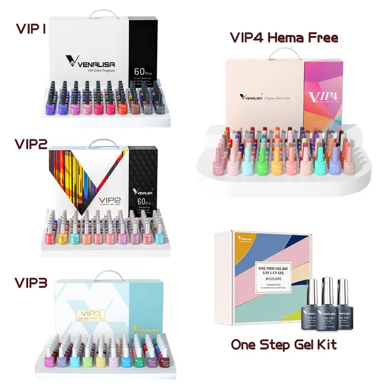 VIP Kit Great Coverage Soak off UV LED Nail Gel Polish Set Base Long Wear Top Coat Color Palette 60 Colors 7.5Ml