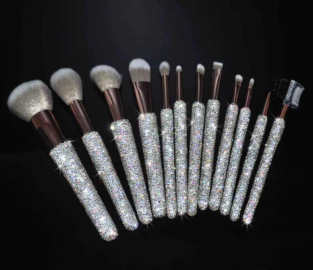 12 Piece Makeup Brushes Set with Rhinestones Glitter Synthetic Professional Face Cosmetics Foundation Powder Concealer Brush Set