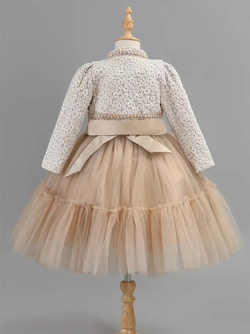 Girls Dress Set Spring Autumn Khaki Lotus Lace 2024 Fashion New Children Clothes Cute Princess Dresses and Coat Outfits 2-8 Year