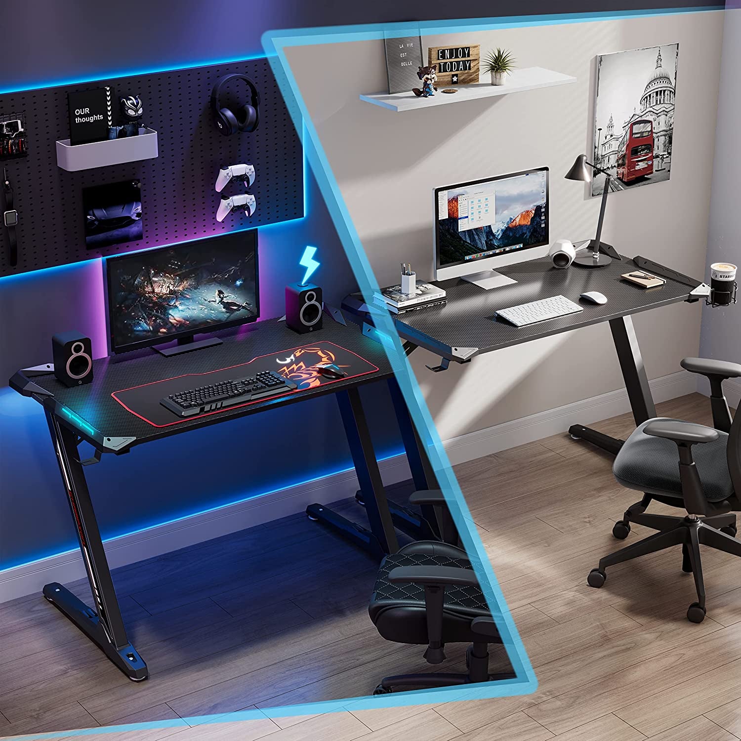 Z1-S Pro Gaming Desk 44.5" - Stylish Z-Shaped PC Desk with LED Lights, Controller Stand, Cup Holder, Headphone Hook & Free Mousepad - Perfect Gift for Gamers!