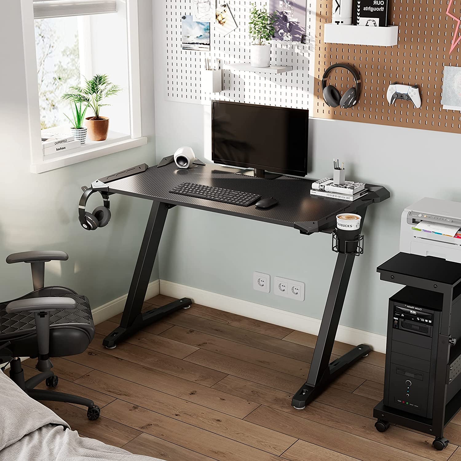 Z1-S Pro Gaming Desk 44.5" - Stylish Z-Shaped PC Desk with LED Lights, Controller Stand, Cup Holder, Headphone Hook & Free Mousepad - Perfect Gift for Gamers!