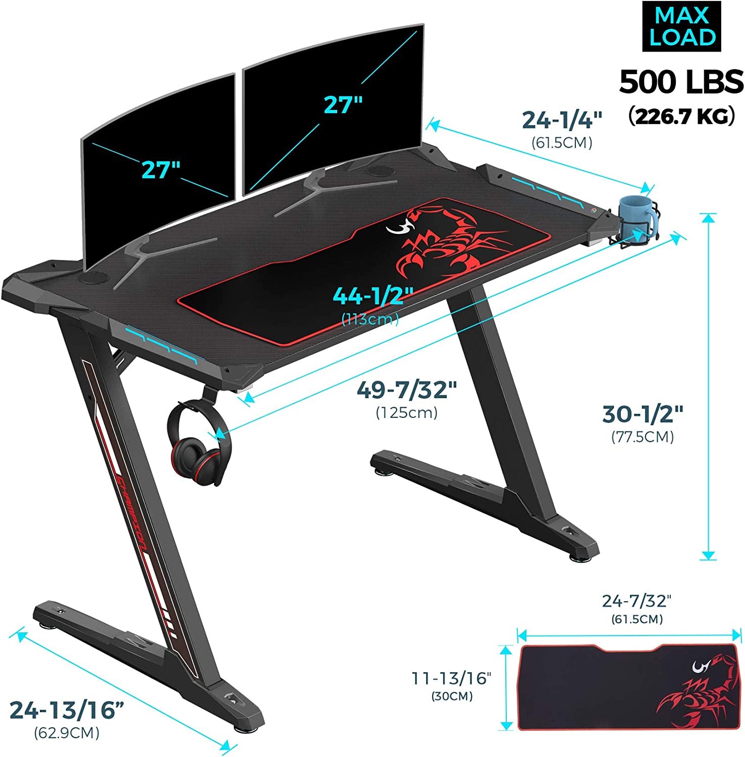 Z1-S Pro Gaming Desk 44.5" - Stylish Z-Shaped PC Desk with LED Lights, Controller Stand, Cup Holder, Headphone Hook & Free Mousepad - Perfect Gift for Gamers!