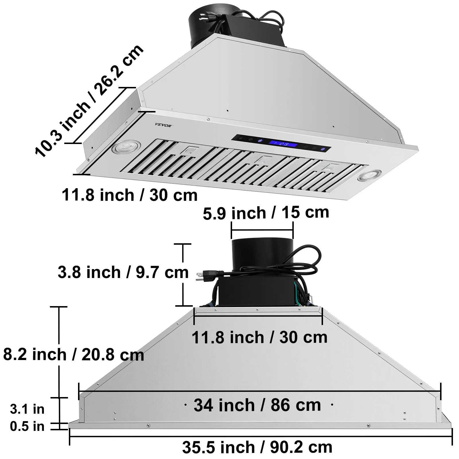 Built-In Range Hood 800/900CFM 3/4-Speed 30/36 Inch Stainless Steel with LED Lights Baffle Filters Ducted Convertible ETL