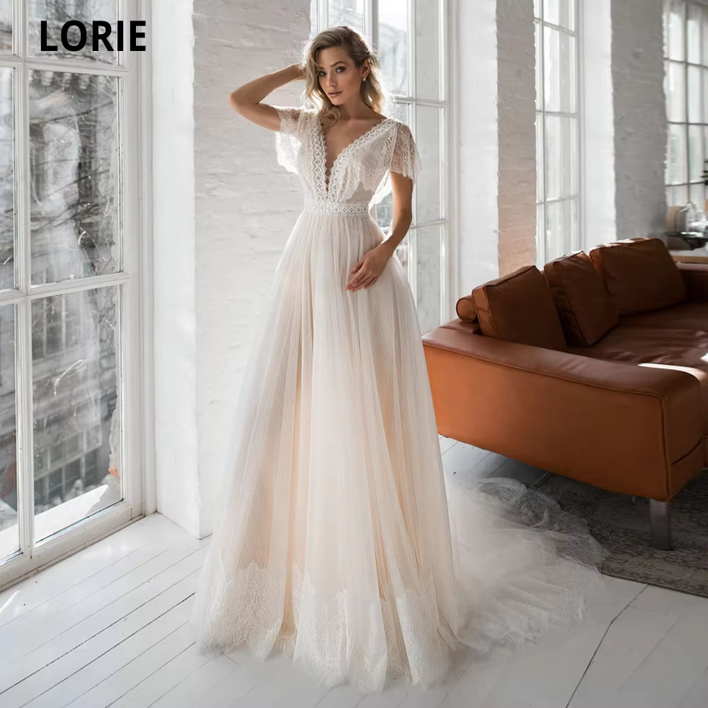 Cap Sleeve Boho Wedding Dresses Lace Appliques Champagne Dot Tulle Bride Gowns V-Neck Backless Beach Wedding Party Gowns