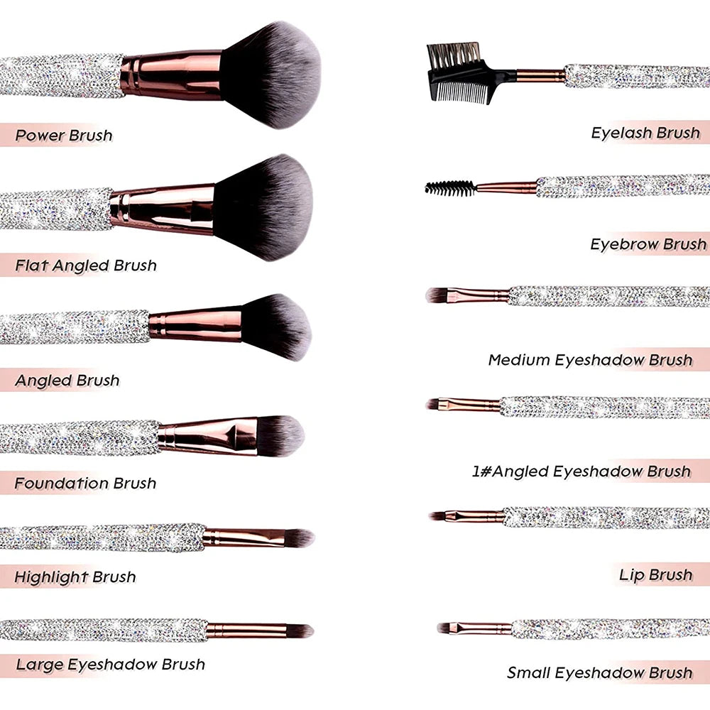 12 Piece Makeup Brushes Set with Rhinestones Glitter Synthetic Professional Face Cosmetics Foundation Powder Concealer Brush Set