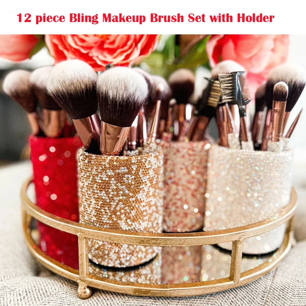 12 Piece Makeup Brushes Set with Rhinestones Glitter Synthetic Professional Face Cosmetics Foundation Powder Concealer Brush Set