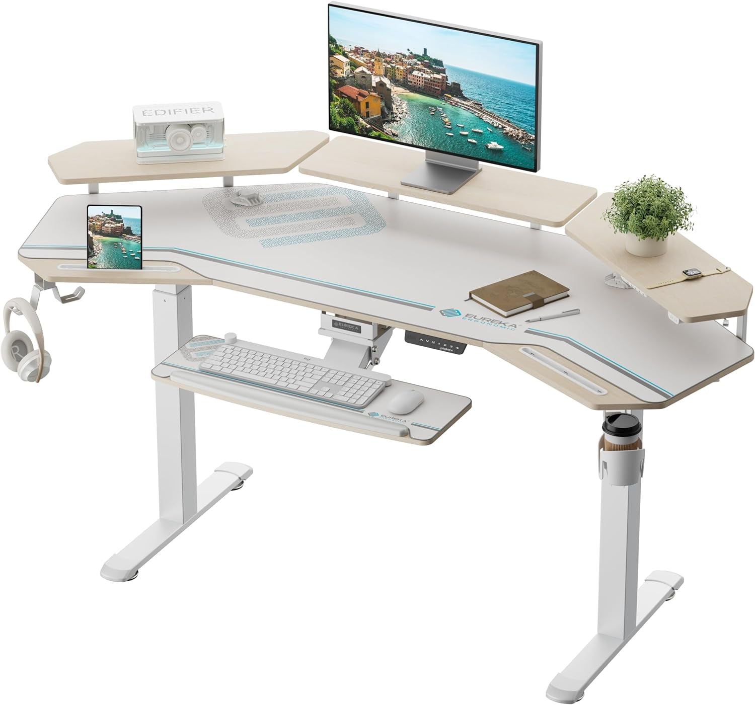 Gaming Desk, Standing Desk Keyboard Tray, 72" Wing Shaped Music Studio Desk Electric Adjustable Height Desk Sit Stand Desk with LED Shelves, Gaming Recording Live Stream, Slot Design