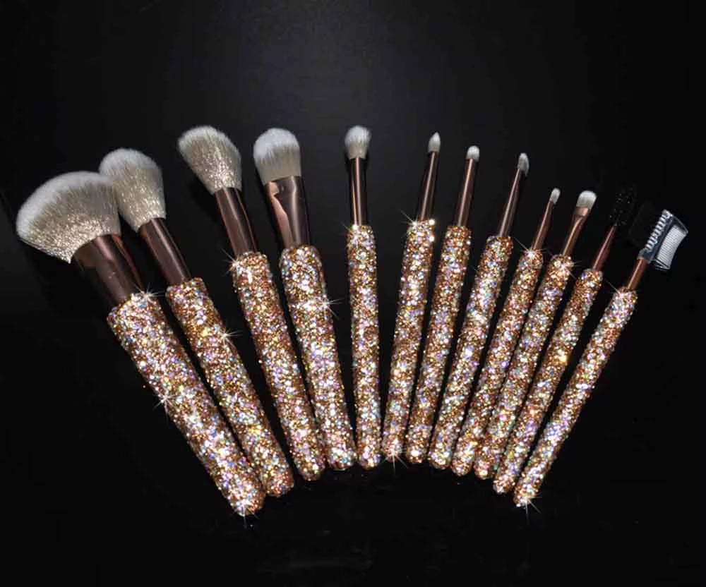 12 Piece Makeup Brushes Set with Rhinestones Glitter Synthetic Professional Face Cosmetics Foundation Powder Concealer Brush Set